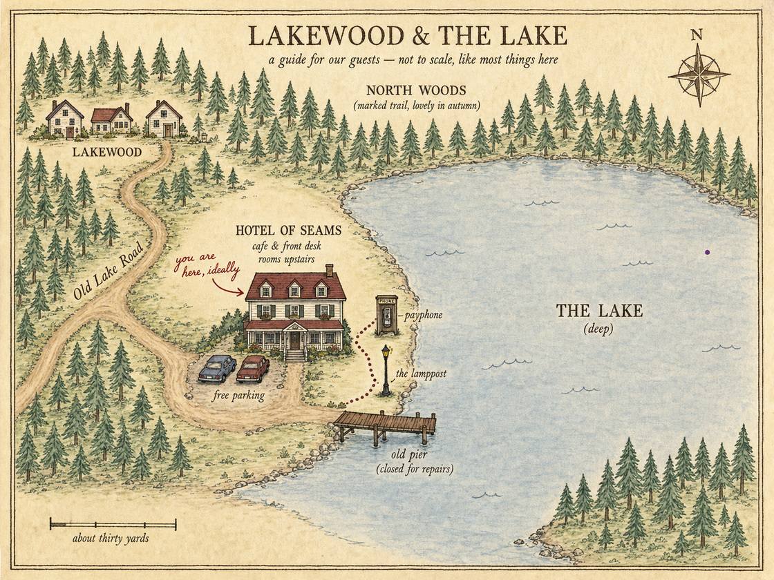 A hand-drawn map: the village of Lakewood up the road, the woods all around, the hotel on the lakeshore with the payphone and the lamppost beside it, and the old pier