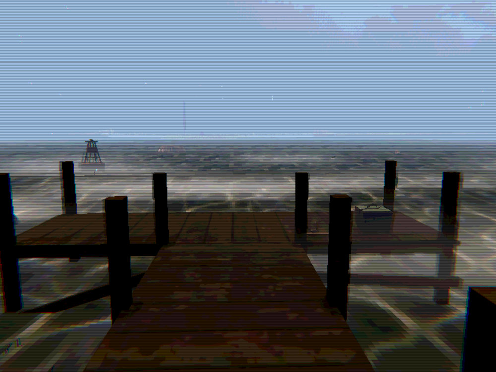 The lake seen from the end of the wooden dock, with a navigation beacon in the distance